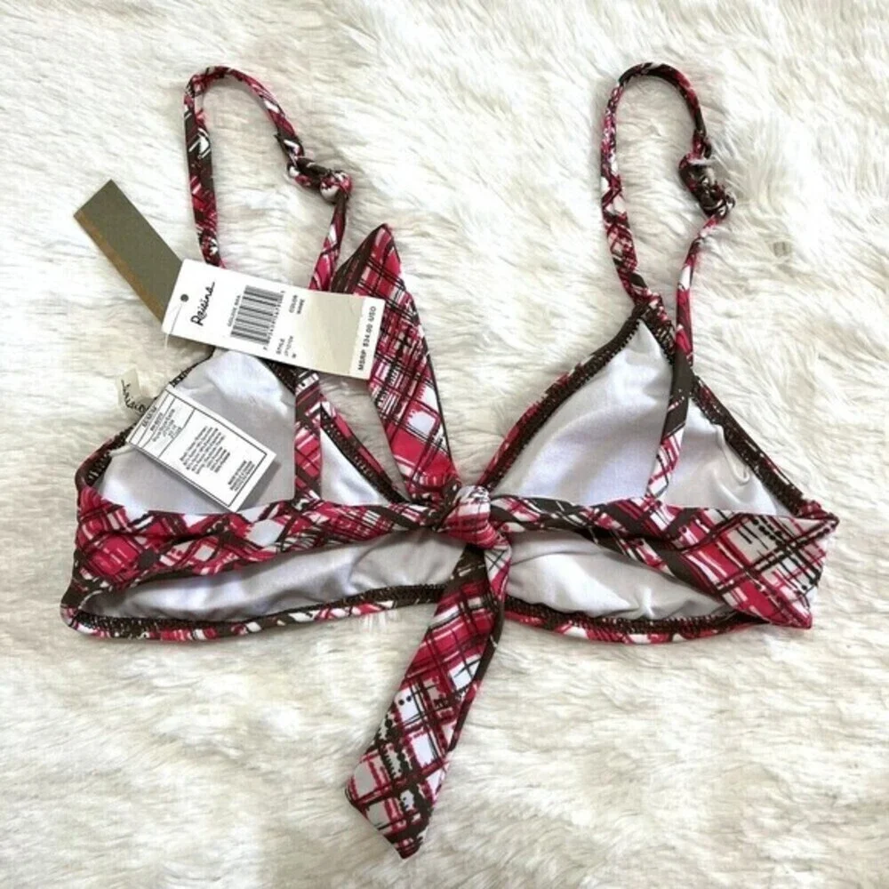 RAISINS Girl's Ruffle Swim Bikini Top Size M Plaid Pink,‎ Brown, White